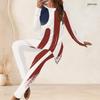 Women Plus Size Round Neck Long Sleeve Red White Blue Flag Printed Longline Top Fitted Pants Two Piece Set