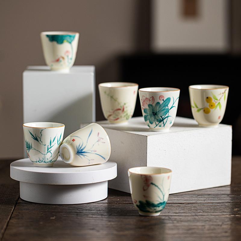 Handbemalte Keramik-Teetasse Unterglasur Blau Lotus Bambus Orchidee Teezeremonie Tasse Chinesisches Gongfu Tee-Set