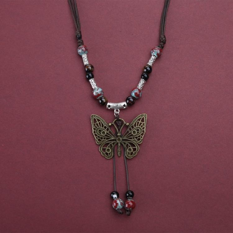 Beaded Butterfly Pendant Necklace Geometric Bead Clavicle Sweater Chain Jewelry