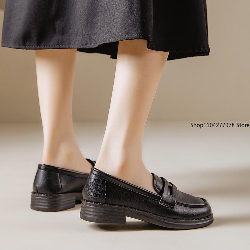 Fashion Super Soft Gold Coin Loafers Pu Leather Women's 2025 New British Style Thick Heel Flats One Pedal Pumps Female Plus Size 42