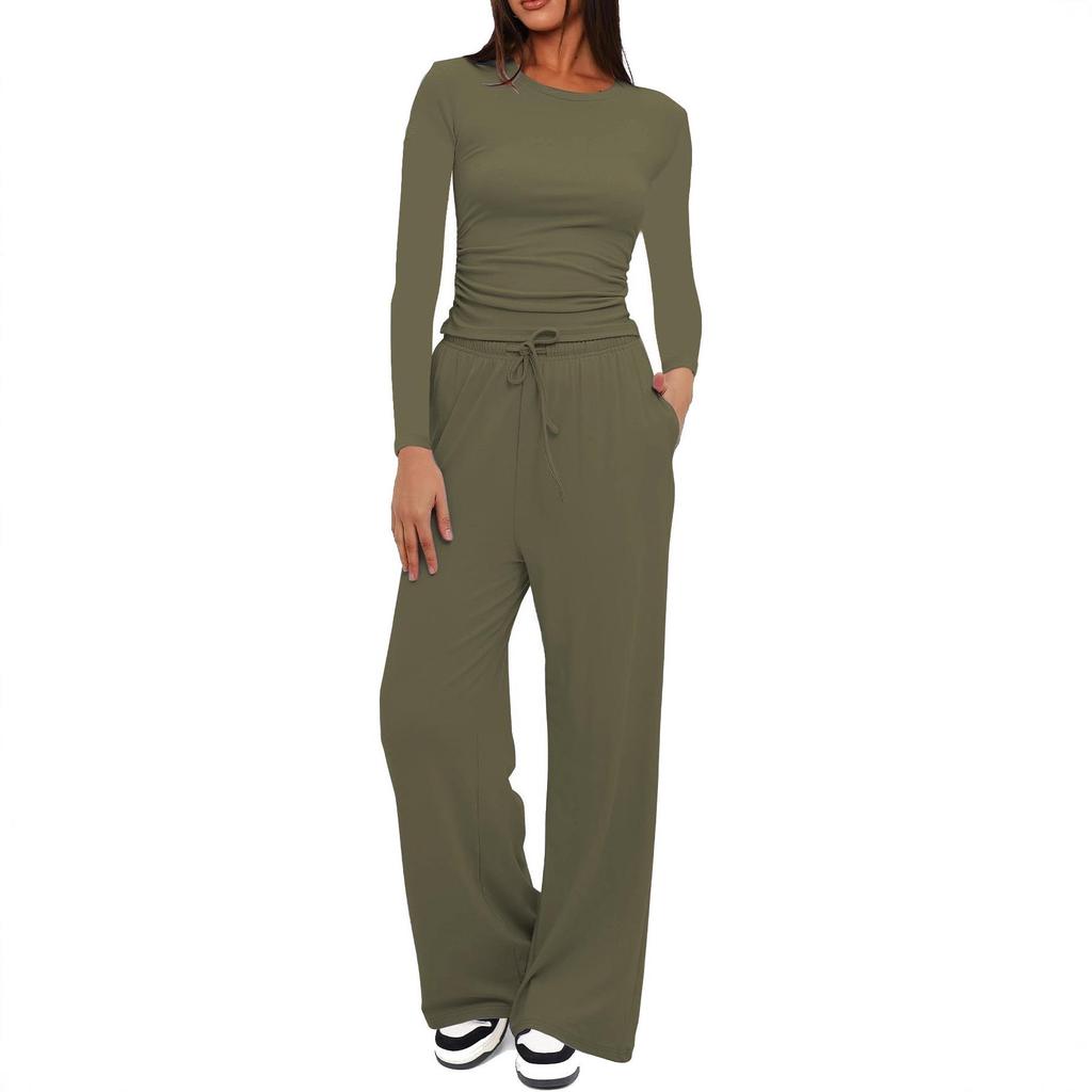 Kardashian Style Comfy Wide-Leg Tie-Up Set with Long Sleeves