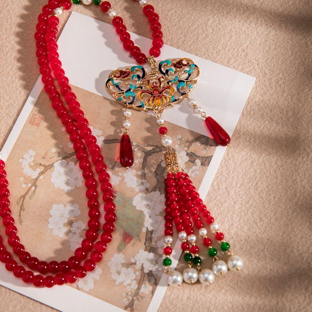 Ethnic Style Horse Face Skirt Necklace Pearl Chinese Style Necklace Sweet Hanfu Ruyi Pendant  Women