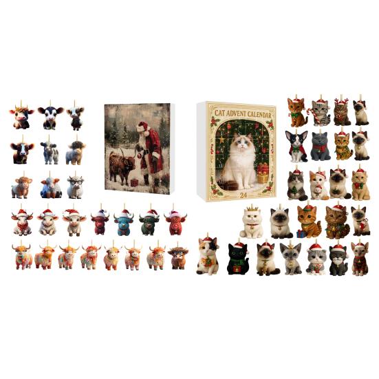 Festive Party Favors Christmas Advent Calendar for Cat Lovers, 24 Day Countdown Box with Holiday Room Decor Acrylic Pendants, Tree Hanging Decorations