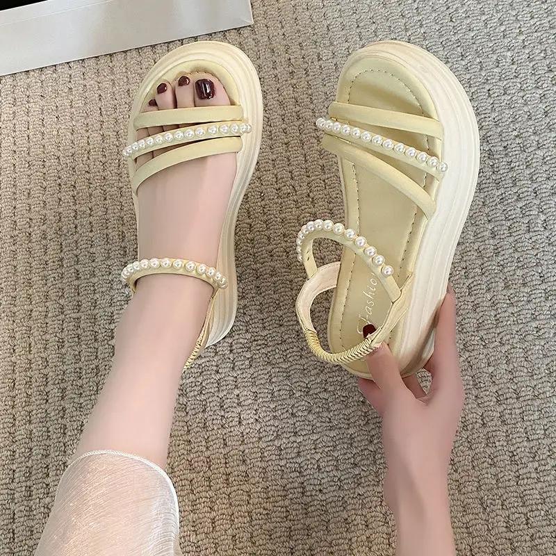 Fashion Woman Shoes Open Toe Pearl Sandals for Women Vintage Summer 2025 Offers Anti Slip Hot New Breathable Fashion Sandal Wholesale