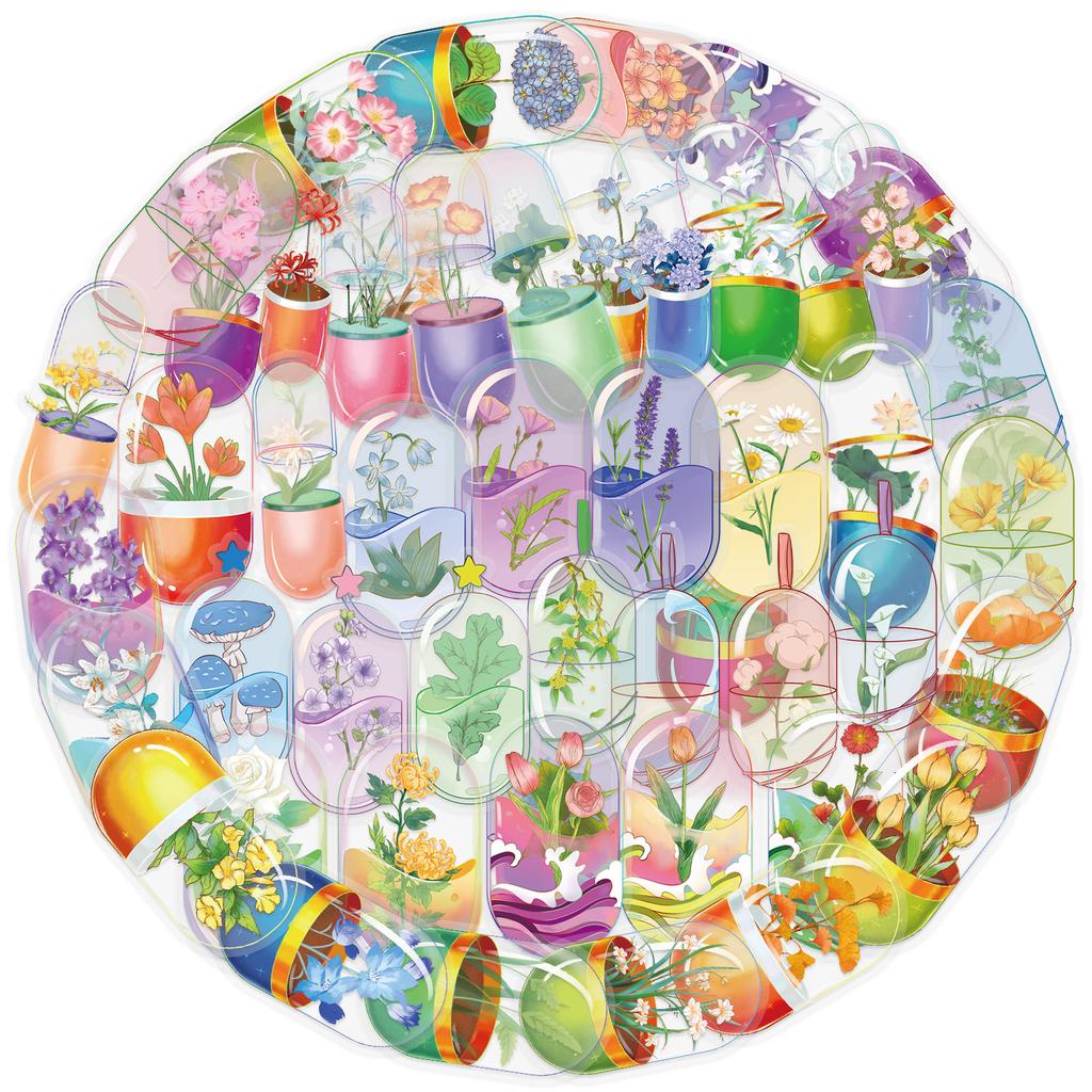 50 Transparent Cartoon Capsule Flower Sticker Pack Waterproof PET Manual Material Decorative Guitar Notebook