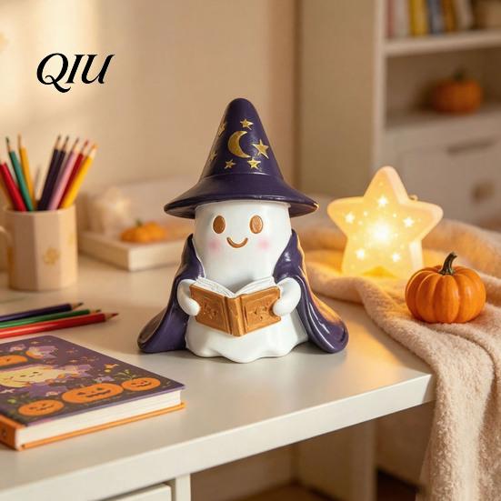 Desktop Halloween Ornament Lighted Ghost Figurine, Resin Wizard Statue with LED Light, Cute Holiday Figurine Reading Book Night Light for Home