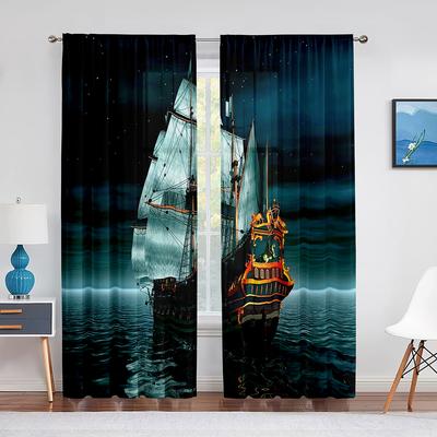 Piratenschiff Nautische Fantasie Ozean Sternenhimmel Tüllvorhänge für Wohnzimmer Schlafzimmer Küche Fenster Chiffon Transparenter Vorhang Jalousien