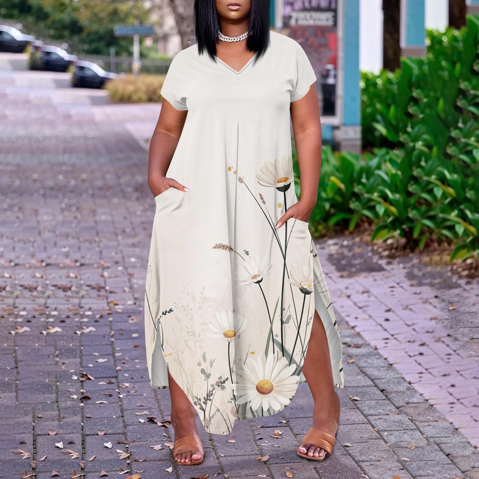 

Женское платье макси с цветочным принтом, летнее повседневное платье с коротким рукавом, сарафан с V-образным вырезом, длинные платья с карманами, пляжный отдых XXL бежевый