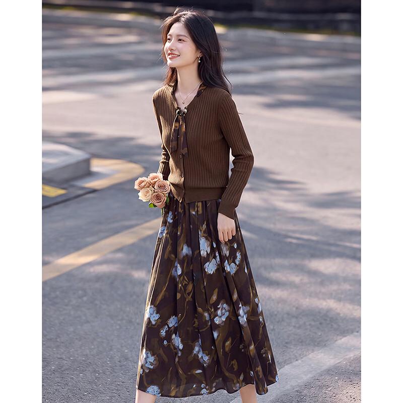 Si Shui Nian Hua Elegant Two-Piece Knit Top and Printed Skirt Set