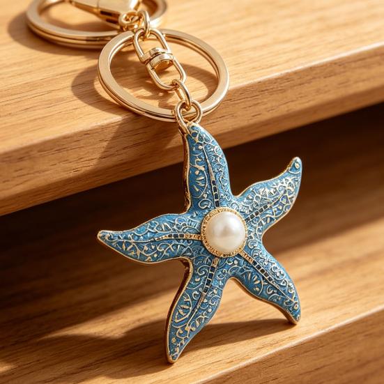 Keychain Pendant Starfish Design Zinc Alloy Key Chain with Imitation Pearl Inlaid Anti-Oxidation Lobster Clasp Key Pendant