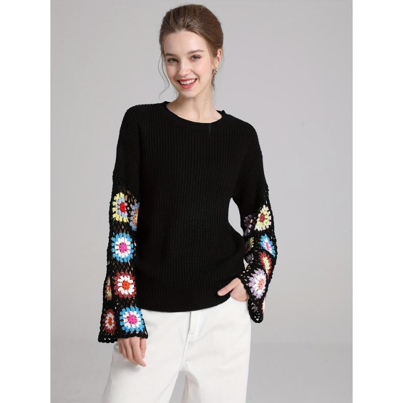 Høst og Vinter Dame Strikk Blussermermer Håndlaget Hul Blandet Farge Heklet Genser Rund Hals Pullover Topper