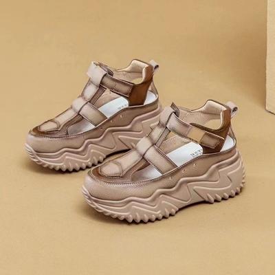 Real Soft Leather Sandals for Women In Summer Thick Sole Sponge Cake Versatile Height-enhancing Breathable Hollow Casual Shoes for Women Fashion New