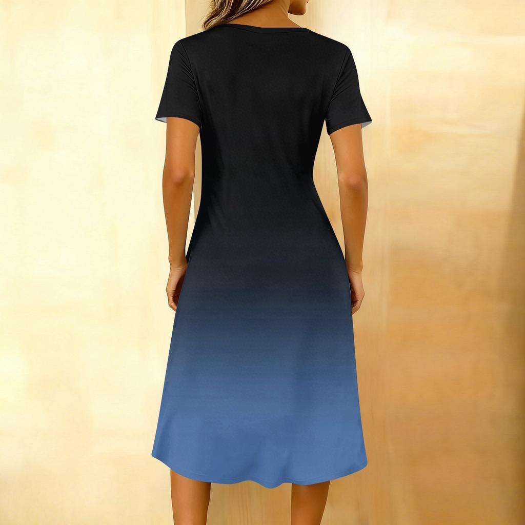 Damenmode Farbverlauf Farbe Gedruckt Rundhals Kurzarm Knopfleiste Mittellang Freizeitkleid