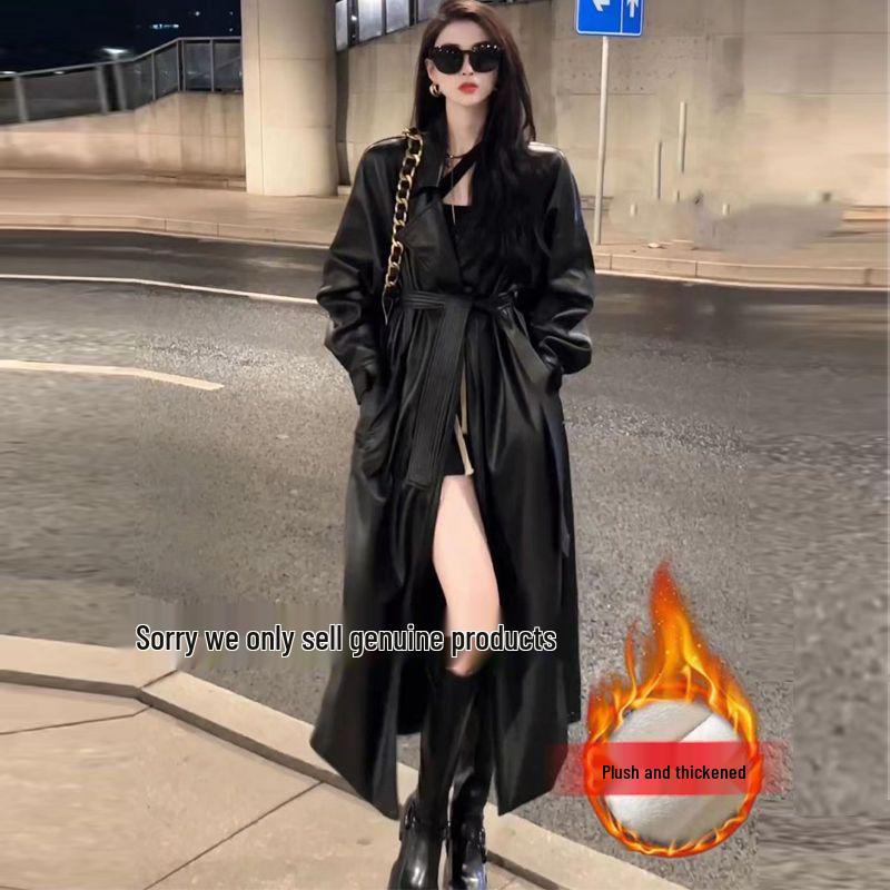 Women's Mid-Length Leather Jacket: European & American Style, Autumn/Winter 2025, Plus Velvet, Thickened Trench Coat
