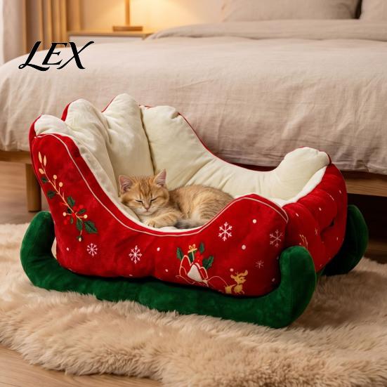 Christmas Pet Photo Prop Sleigh Shaped Bed, Cozy Holiday Cat Dog Sofa Anti?Slip Base Stable Lounge Soft Cushion, Washable Sleeping Bed for