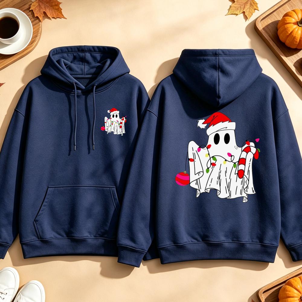 Funny Christmas Ghost Sweatshirt String Lights Candy Cane Graphic Long Sleeves Pullover Spooky Holiday Xmas Tops Women