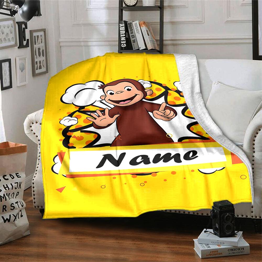 Custom Name Curious George Theme Printed Blanket - Perfect for Couch, Bed, Travel & Outdoor Use | Machine Washable, Cozy & Durable.