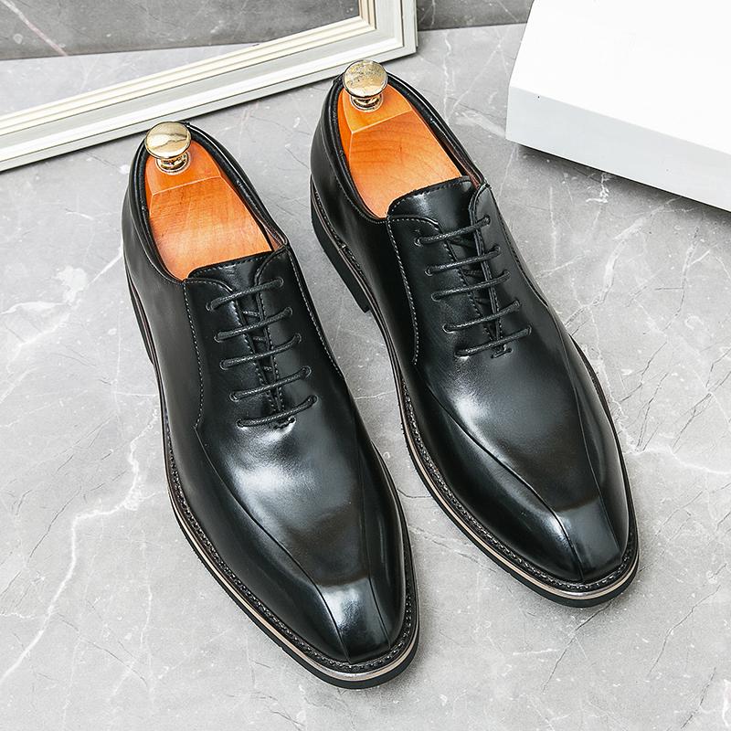 High-End Men's Brown Leather Shoes British Style Business Casual Heightening Spring Autumn Wear-Resistant Flat Heel Glue Bonding