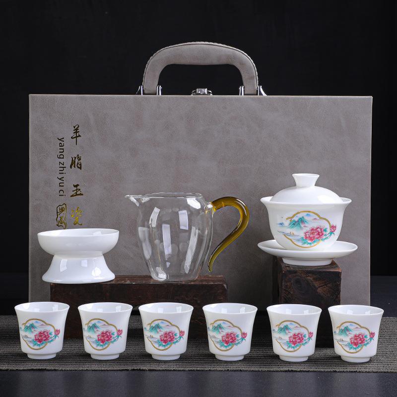 Ceramic White Suet Jade Porcelain Kung Fu Tea Set Business Company High-end Gifts
