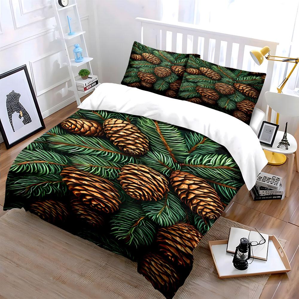 Pinecones and Evergreen Pattern Bedding Duvet Cover Set Duvet Cover Pillowcases (1*Duvet Cover 2*Pillowcases, Without Duvet Insert)