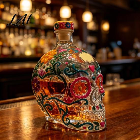 Decorative Skull Container Gothic Decanter Hand Painted Glass Liquor Bottle with Floral Room Decoration Design 3D Carved Wine Dispenser for