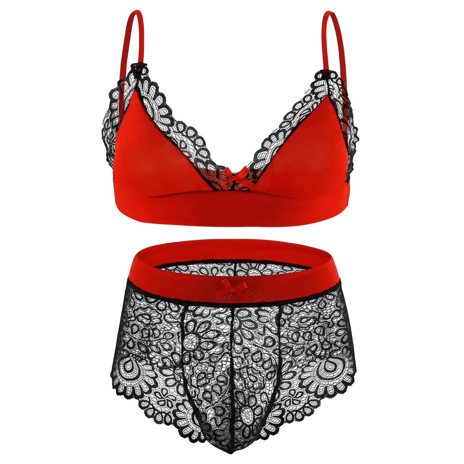 

Чоловічий комплект нижньої білизни Sissy, мереживний бюстгальтер і трусики для трансвеститу L чорний/червоний