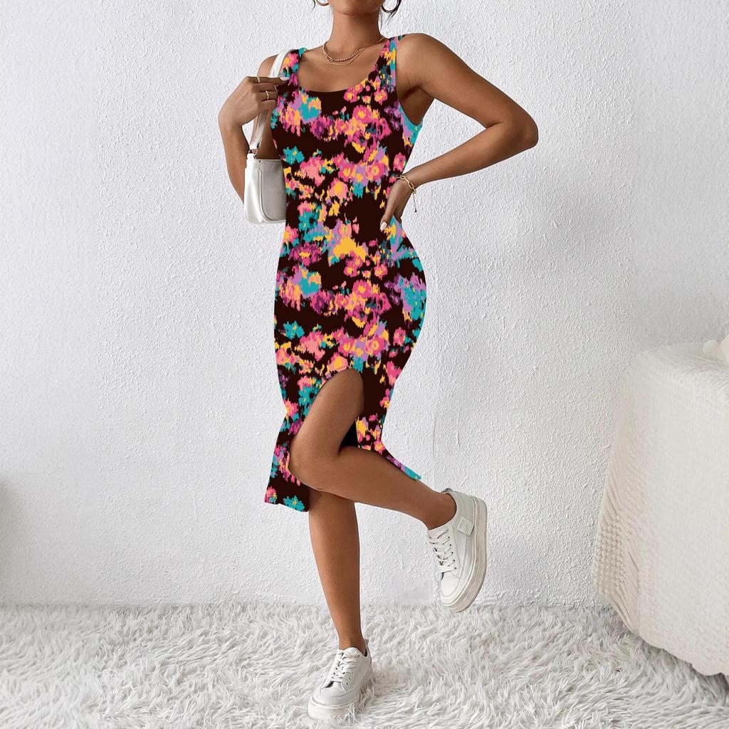 Spring/Summer 2026 Floral Slit Tank Top Dress - Sexy Women’s Fashion for Europe and America