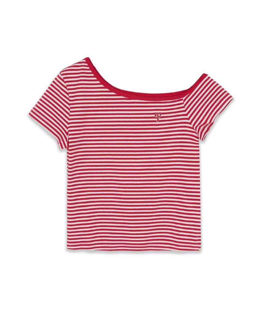 Emelbi Women'S Varsity Striped Off-Shoulder Slim Semi-Crop Short Sleeve T-Shirt Phi (Neon Red)