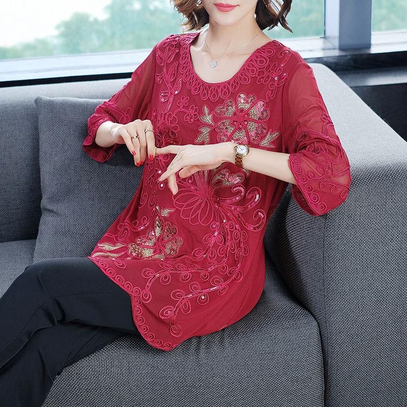 Vintage Floral Embroidery Applique Blouse Casual Loose Spring Summer 3/4 Sleeve Women's Clothing Stylish Sequined O-Neck Shirt