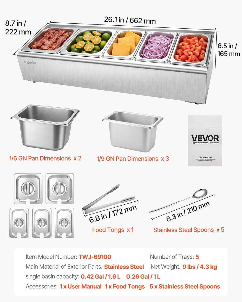 Countertop Food Serving Display Container, Stainless Steel Food Salad Server Tray, Buffet Condiment Dispenser, Ice Cooled Rack with Separate Lid, for
