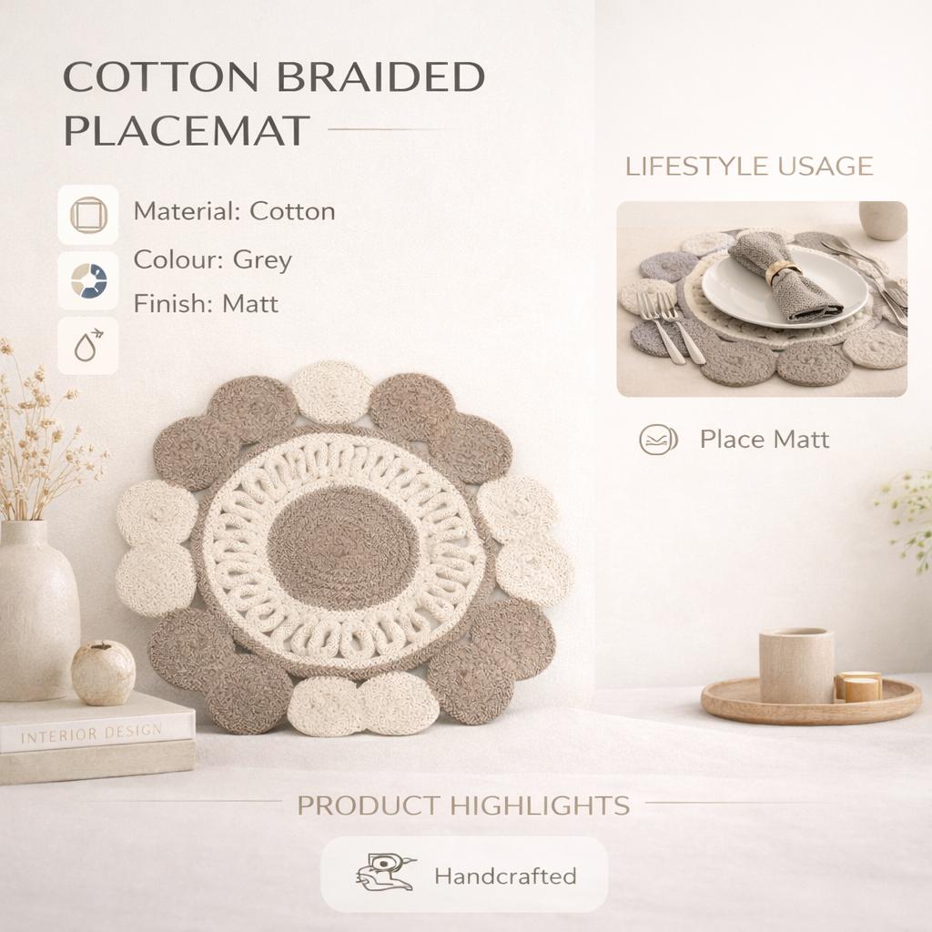 Grey Cotton Braided Placemat -Handcrafted Durable Table Mat for Dining