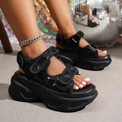 Fashion Women Platform Sandals Fashion Sequins Black Shoes for Women 2025Comfort Non Slip Snadles Woman Summer Plus Size Wedge Sandalias