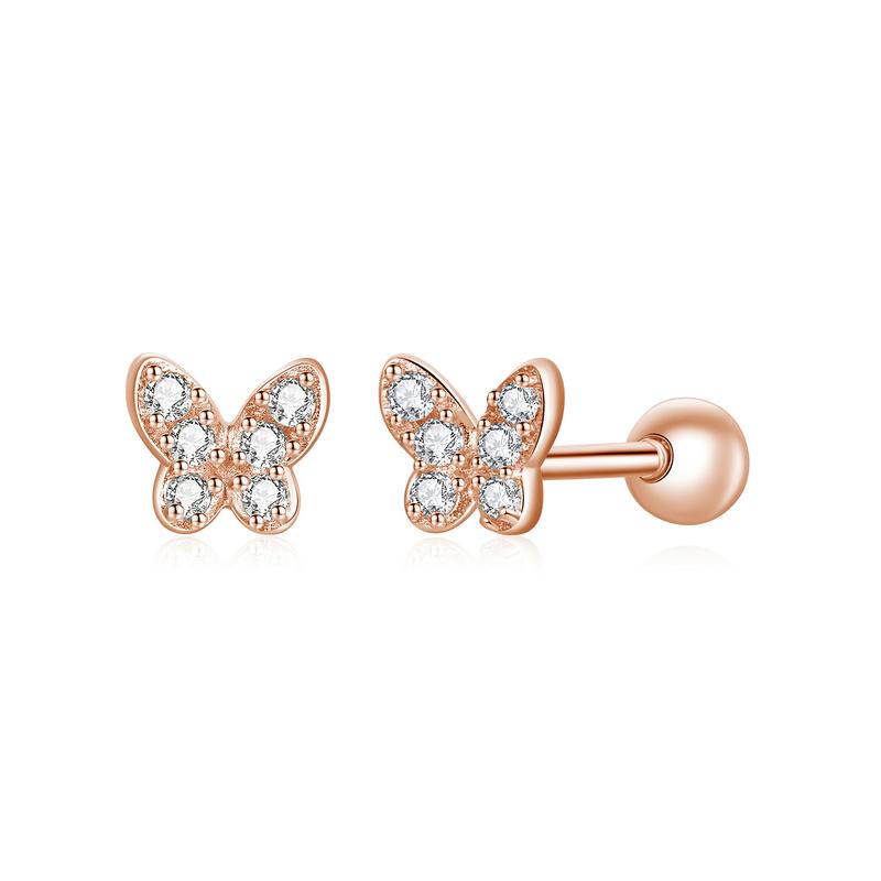 WOSTU 925 Sterling Silver Lovely Cute Butterfly Stud Earrings For Women Clear CZ Rose Gold Mini Ear Studs Wedding Party Jewelry