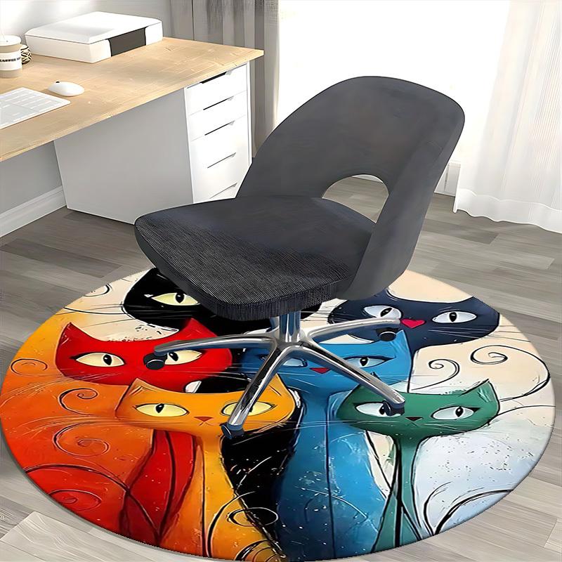 1pc Colorful Cat Faces Round Carpet Anime Design Office Chair Mat, Non Slip Rug for Home Decor