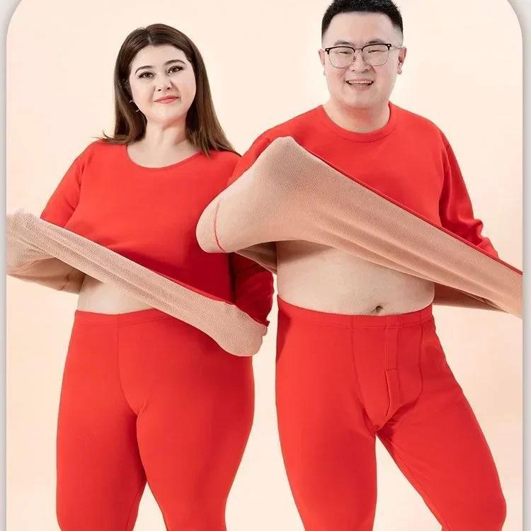Winter New Men's Warm Underwear Women's Fat Increase Plush Thickened Lamb Fleece Round Neck Set Autumn Clothes Autumn Pants