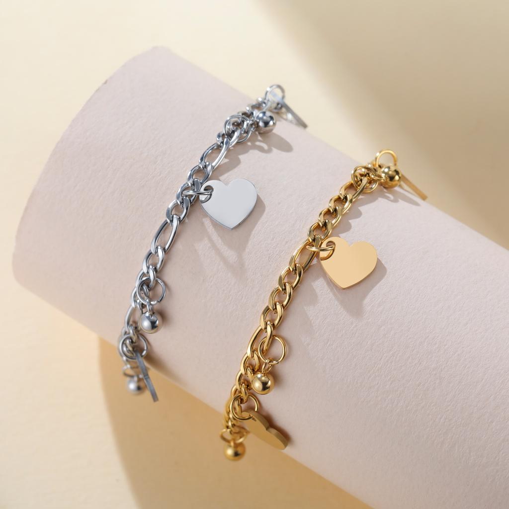 Teamer Stainless Steel Round Bead Heart Charm Bracelets 18k Gold Plated Holiday Jewelry For Women Daily Wear Party Jewelry Gift