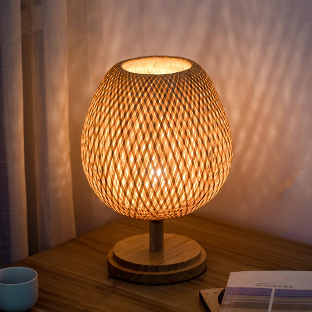 Kleine Rattan-Tischlampe, stufenlos dimmbare Nachttischlampe, Vintage-Nachttischlampe aus Korbgeflecht, für Schlafzimmer, Wohnzimmer, Schreibtisch