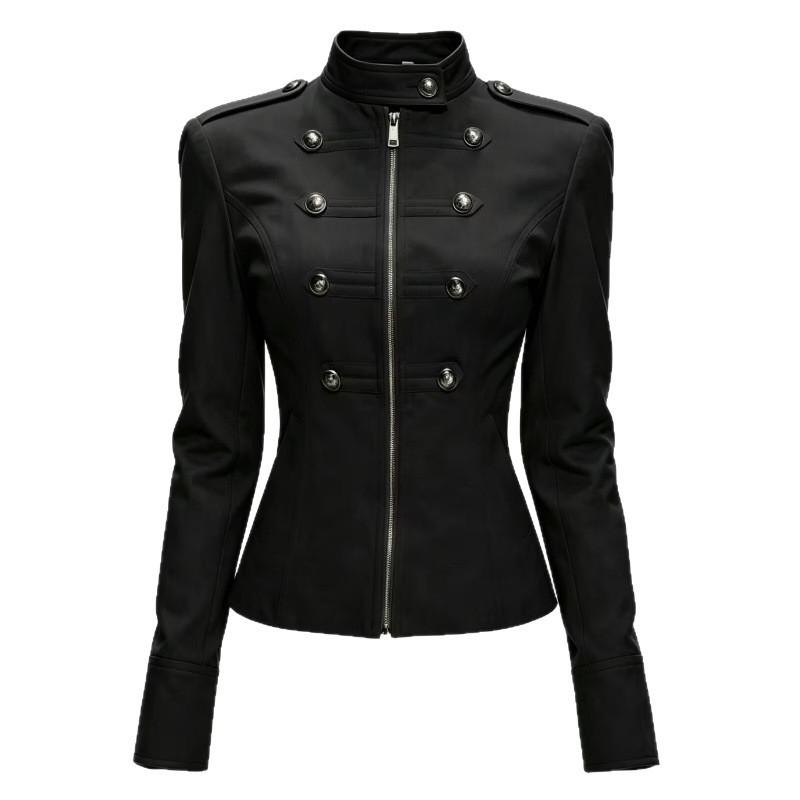 Womens Vintage Metallic Double-Breasted Napoleon Jacket 2026 Short Crop Coat Streetwear Loose Fit