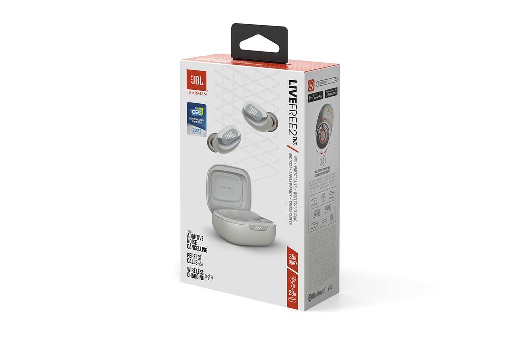 JBL LIVE FREE 2 Kabellose Ohrhörer, Bluetooth Multipoint, Hybride Geräuschunterdrückung, IPX5, Kabelloses Laden, Silber, JBLLIVEFREE2TWSSIL