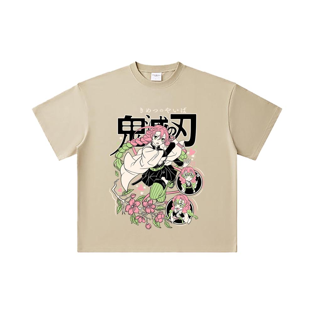 260 GSM Doppeltgarn 32er Zählung 100% Baumwolle Demon Slayer V6 Mitsuri Print Unisex Schweres Baumwoll-T-Shirt
