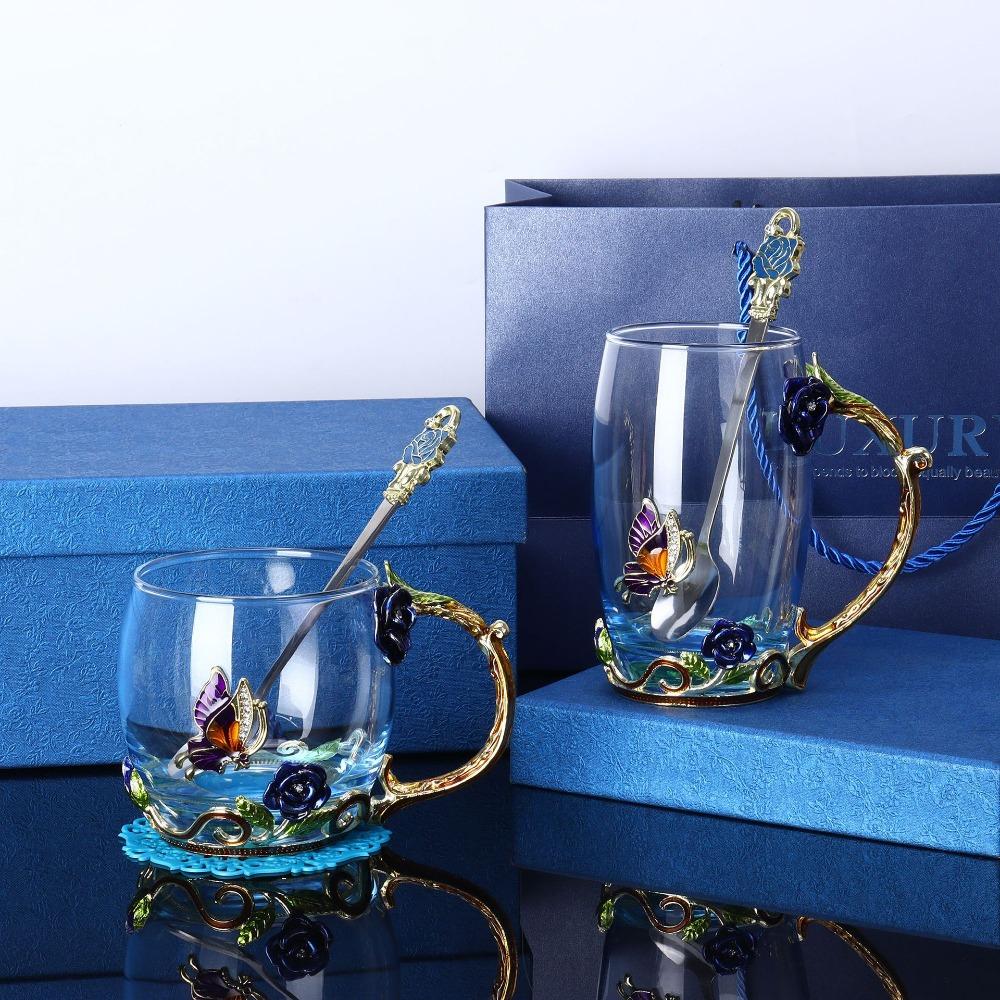 

Glass Enamel Flower Tea Cup Heat-Resistant Tea Mug Drinkware Coffee Cup Gift Blue-High