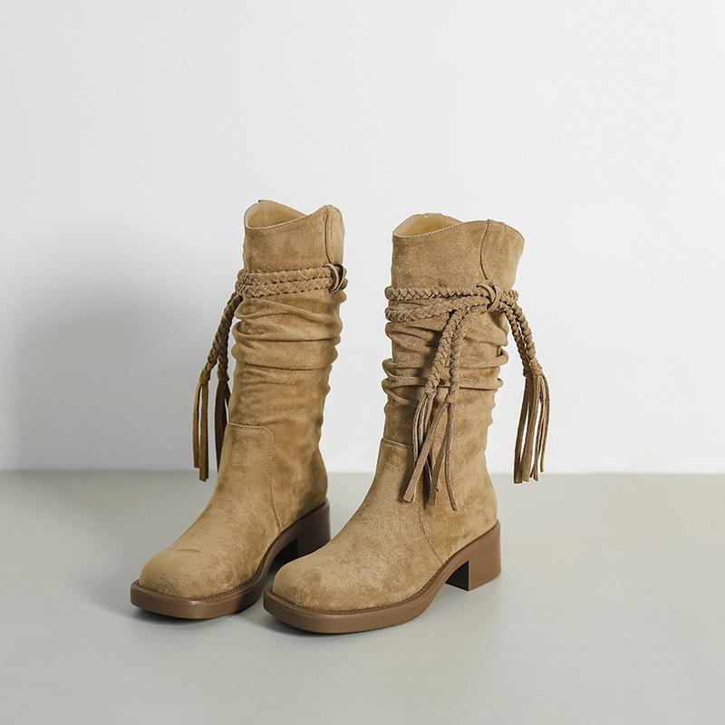 Spot Wasteland Wind Woven Fringed Retro Short Boots Women's 2025 Autumn and Winter New Thick Heel Western Medium Tube Knight Boots