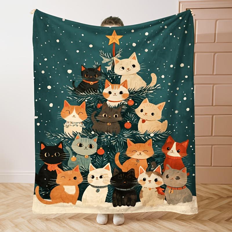 Cute Cat Christmas Tree Throw Blanket Soft Flannel Warm Blanket Xmas Kitten Snow Print Sofa Bed Holiday Home Decor Gift