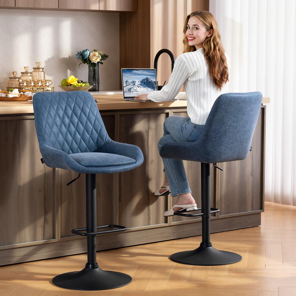 Set Of Two Faux Leather Retro Bar Stools Dark Blue