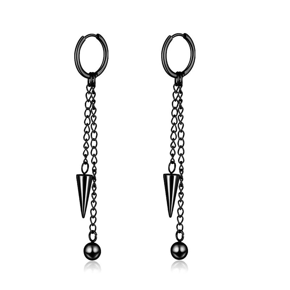 2pcs/set Black Or Silvery Unisex Punk Stainless Steel Cross Cone Feather Chain Pendant Hoop Earrings Ear Stud Jewelry Set