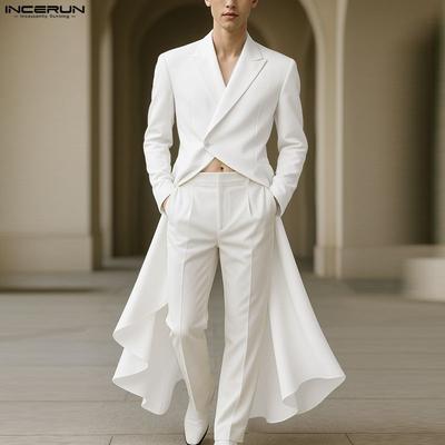 Men Turn-down Collar Long Sleeve Button Irregular Ruffled Hem High Splits Long Shirts Tunic Tops