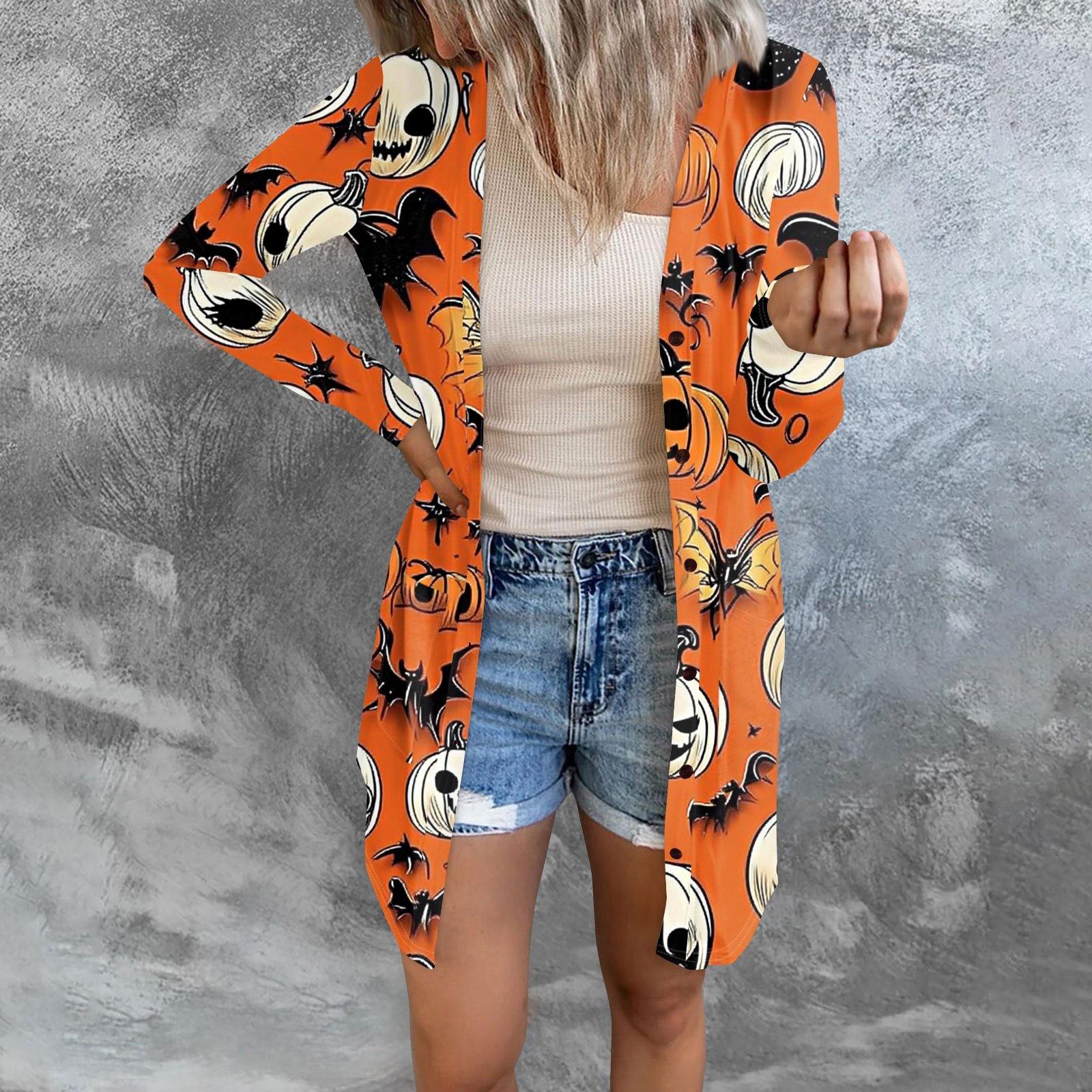 

Женский повседневный кардиган, топ с длинными рукавами и карманами с принтом на Хэллоуин S оранжевый