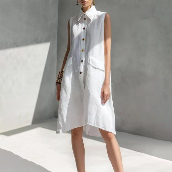Damen Sommer Hemdblusenkleid Knopfleiste Ärmellos Revers Midi Tankkleid Lässige Tunika Strand Sommerkleid mit Taschen