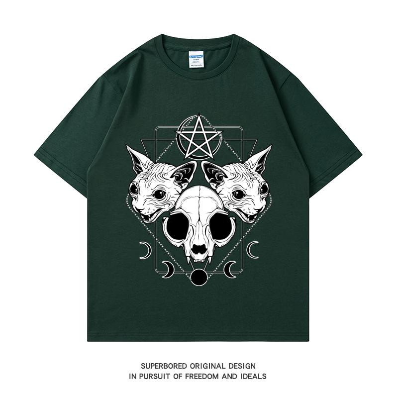 

220GSM Тяжелая футболка из 100% хлопка Футболка Cult Of The Meow Trinity с принтом Мужская повседневная футболка с круглым вырезом Базовые мужские топы Футболка