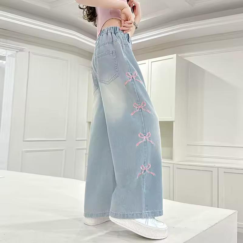 Girls' Side Pink Bow Embroidered Wide-leg Pants Summer Thin Style Slim Straight Pants Suitable for Outdoor